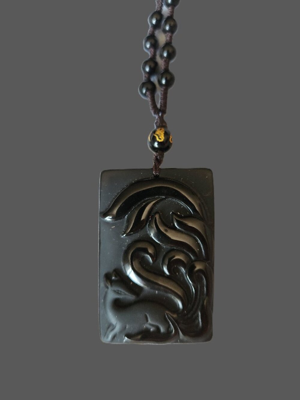 BLACK Carved Fox Rectangular OBSIDIAN Pendant with Beads Necklace